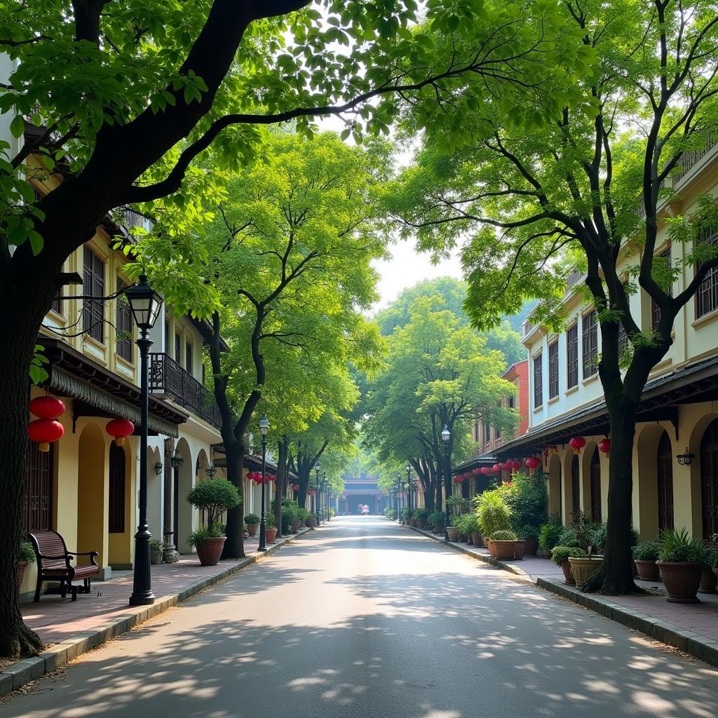 Một con phố yên bình tại Phường Tây Hồ với cây xanh và kiến trúc cổ kính